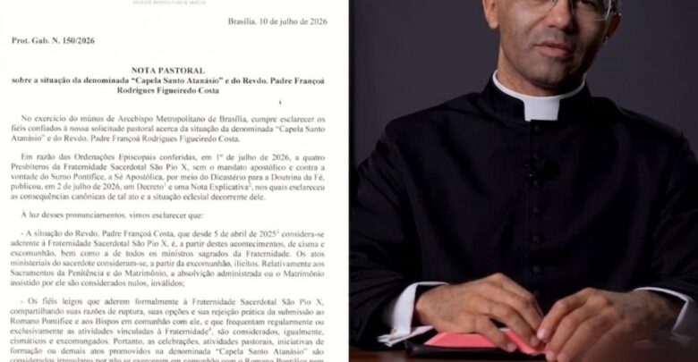 A informação da excomungação consta em uma nota pastoral assinada pelo cardeal Paulo Cezar Costa, arcebispo metropolitano de Brasília, e divulgada na sexta-feira (10). (Foto: Reprodução)