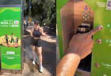 Casal destacou nas redes sociais os totens de hidratação gratuitos instalados em Anápolis, que oferecem água gelada, espaço para pets e sistema de borrifação para aliviar o calor. (Foto: Reprodução/@vivendoemgoias)