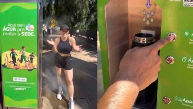 Casal destacou nas redes sociais os totens de hidratação gratuitos instalados em Anápolis, que oferecem água gelada, espaço para pets e sistema de borrifação para aliviar o calor. (Foto: Reprodução/@vivendoemgoias)