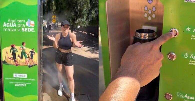 Casal destacou nas redes sociais os totens de hidratação gratuitos instalados em Anápolis, que oferecem água gelada, espaço para pets e sistema de borrifação para aliviar o calor. (Foto: Reprodução/@vivendoemgoias)