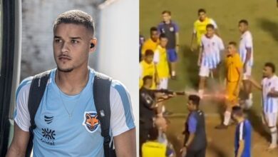 Ramon Souza era goleiro do Grêmio Anápolis quando foi atingido na perna com uma bala de borracha, ainda em campo. (Foto: Reprodução)
