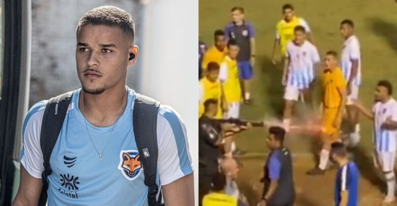 Ramon Souza era goleiro do Grêmio Anápolis quando foi atingido na perna com uma bala de borracha, ainda em campo. (Foto: Reprodução)